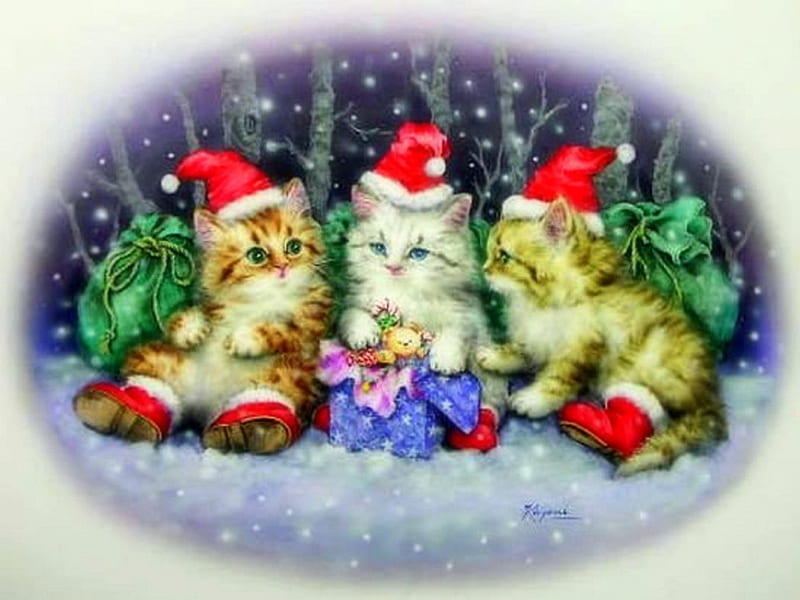 Triple Santas, pretty, Christmas, draw and paint, holidays, adorable ...