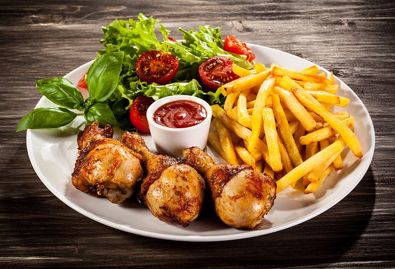 Food, Meat, Plate, Meal, Chicken, Tomato, French Fries, Ketchup, HD wallpaper