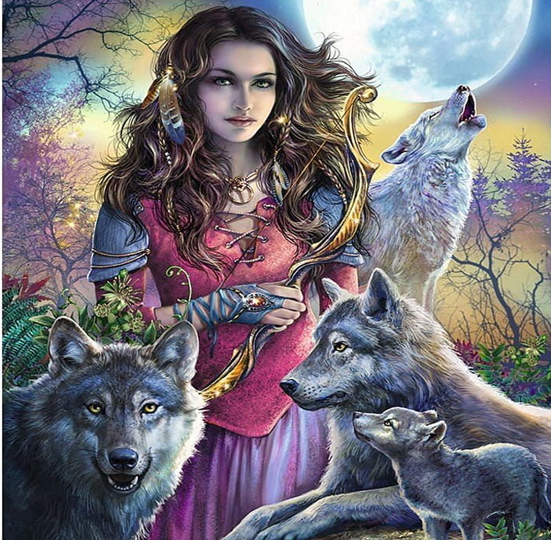 Patroness of Wolves, family, wolfpack, wolf, woman, artwork, pups, HD ...