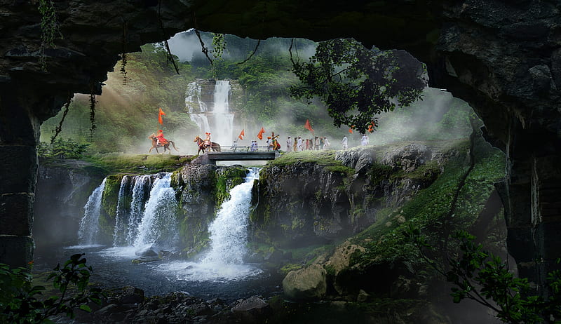 Varakri way, world, art, varakri, fantasy, luminos, people, waterfall, vaibhav patil, cave, HD wallpaper