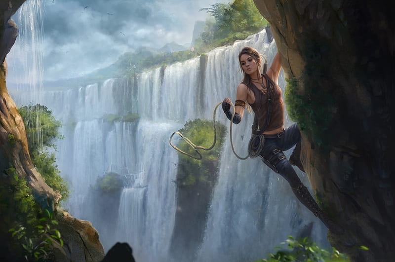 Lara Croft, fantasy, girl, waterfall, climb, rope, HD wallpaper