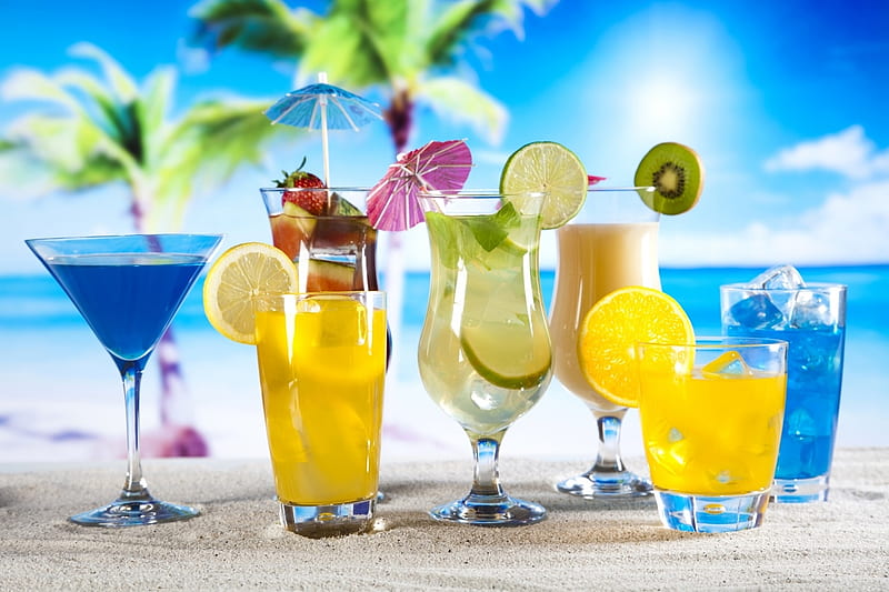 *Citrus Cocktails*, liquid, kiwi, umbrella, yellow, cocktails, lime, sweet, beach, fruit, yummy, drink, blue, parties, drinks, beverage, lemon, citrus, summer, tropical, HD wallpaper