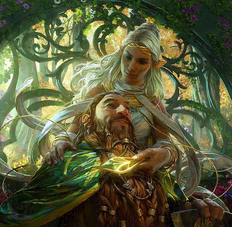 Lorien brooch, dwarf, alexander gering, the rings of power, man, aet, girl, elf, the hobbit, gnome, lotr, fantasy, green, yellow, couple, HD wallpaper