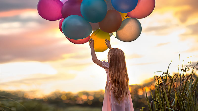 Little Girl With Colorful Balloons, little-girl, children, cute, balloons, colorful, HD wallpaper