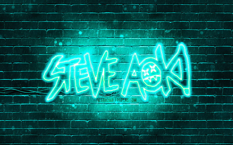 Steve Aoki turquoise logo superstars, american DJs, turquoise brickwall, Steve Aoki logo, Steve Hiroyuki Aoki, Steve Aoki neon logo, music stars, Steve Aoki, HD wallpaper