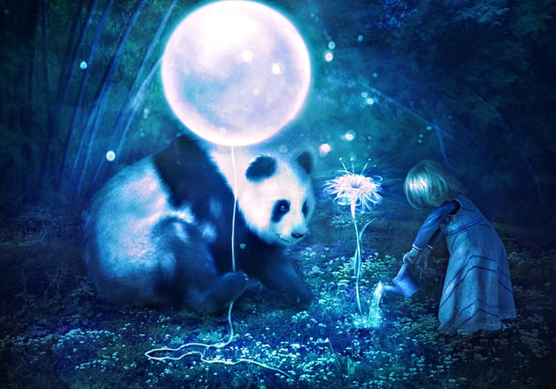 Moon Flower, art, moon, luminos, bear, panda, balloon, fantasy, moon, girl, marialucia, HD wallpaper
