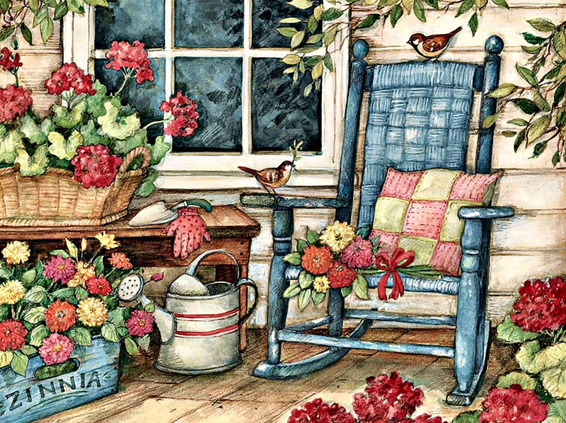 Rocking Chair on Porch F, art, romance, rocking chair, songbirds, bonito, artwork, floral, watering can, bird, avian, love, painting, wide screen, flower, beauty, HD wallpaper