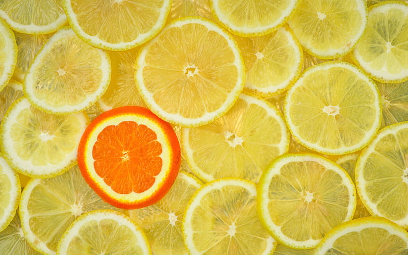 be different, lemon background with lemons, be different concepts, oranges, lemons, HD wallpaper