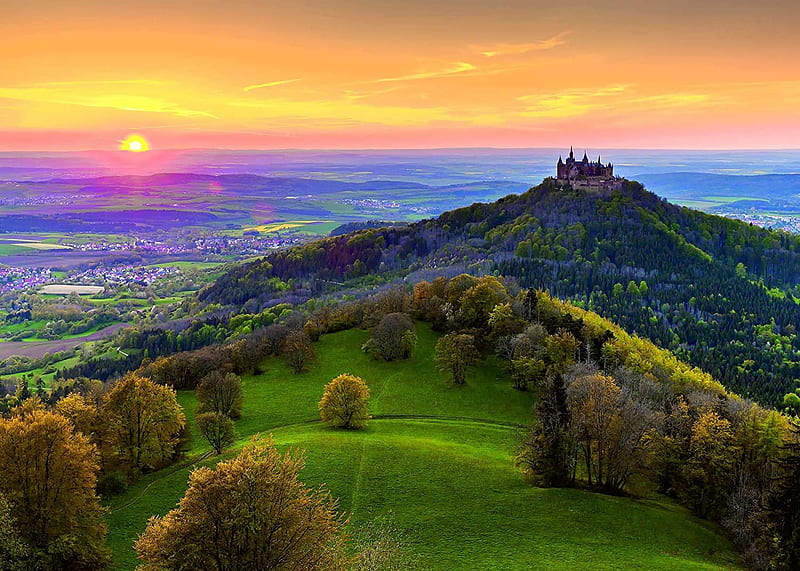Sunset at castle Hohenzollern, Germany, xun, valley, mountains, ancient, colors, sky, HD wallpaper