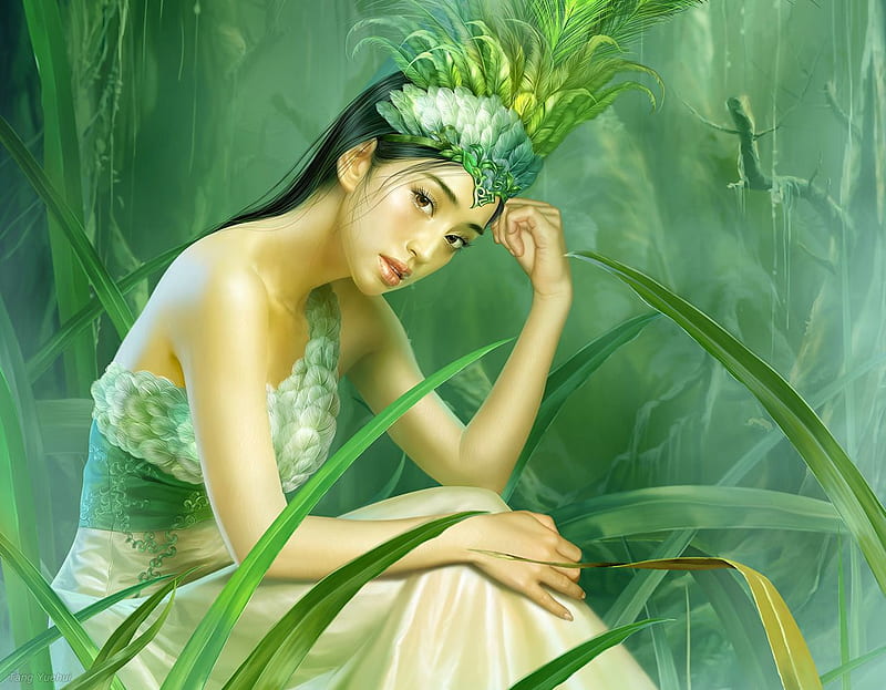 Chinese girl, pretty, forest, bonito, woman, beautyful, fantasy, young, bird, flowers, HD wallpaper