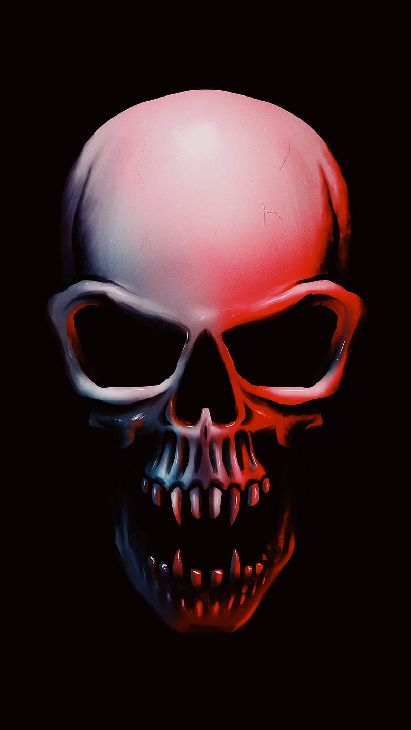 Screaming Scary Skull, amoled, bones, creepy, drawing, fangs, scream, skeleton, HD phone wallpaper