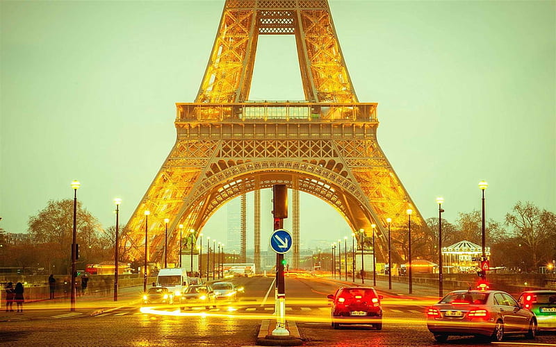 Eiffel Tower, Street, Paris, France, Car, City Lights, HD wallpaper