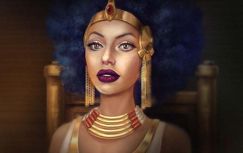 Cleopatra, art, golden, queen, woman, lips, fantasy, girl, purple, jewel, face, annikeandrews, portrait, HD wallpaper