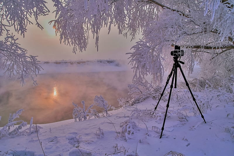 Taking , camera, beautiful tripod, lake, fog, winter, cold, calm, icy, sunrise, morning, HD wallpaper