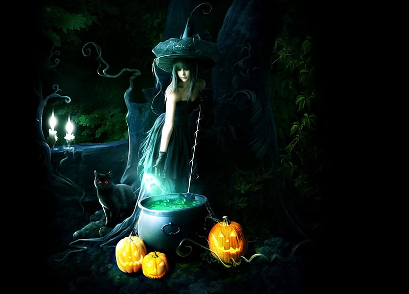 Magic potion, witch, luminos, orange, halloween, black, elena dudina, cat, fantasy, girl, green, pumpkin, HD wallpaper