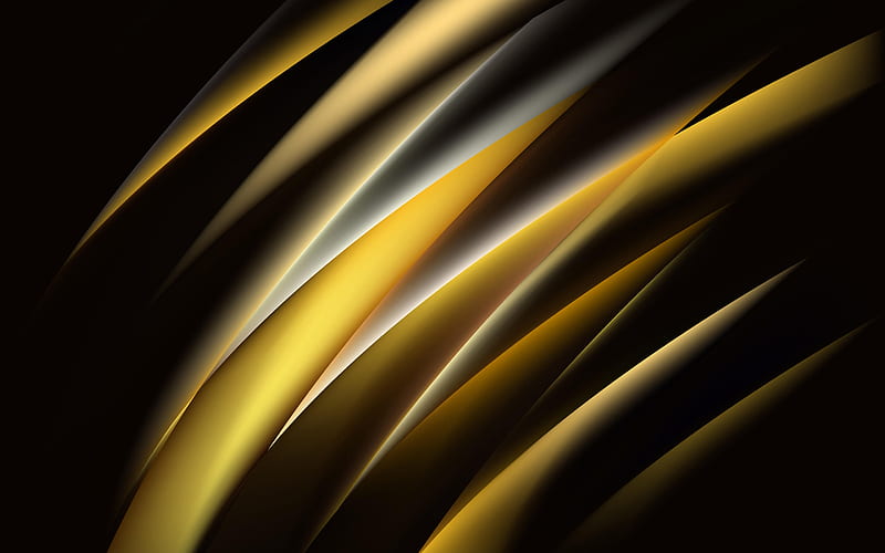yellow abstract waves, 3D art, abstract art, abstract waves, creative, black backgrounds, geometric shapes, HD wallpaper