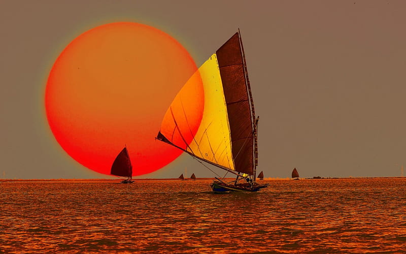 Beautiful sunrise, sun, yacht, orange, ocean, sunset, sea, water, summer, sunrise, HD wallpaper