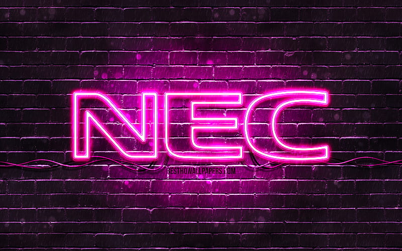 NEC purple logo purple brickwall, NEC logo, brands, NEC neon logo, NEC, HD wallpaper