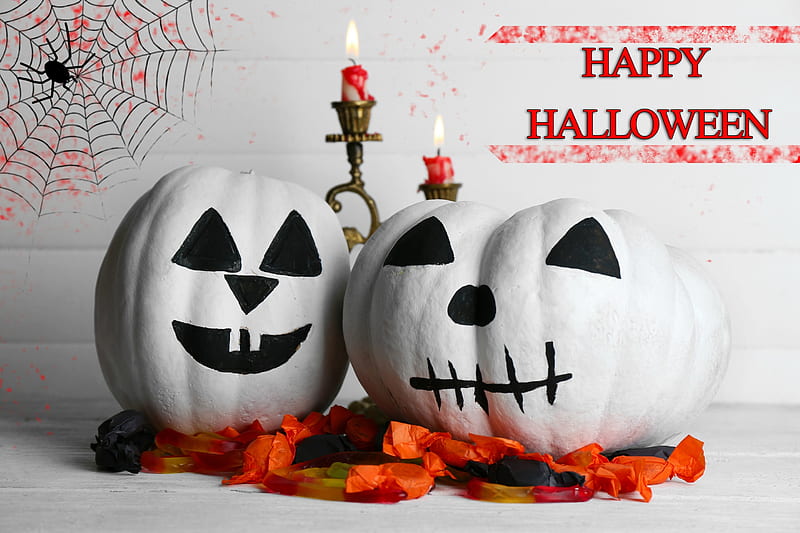 Happy Halloween, candy, candelabra, spider, spider web, candles, still life, flames, web, Halloween, pumpkins, HD wallpaper