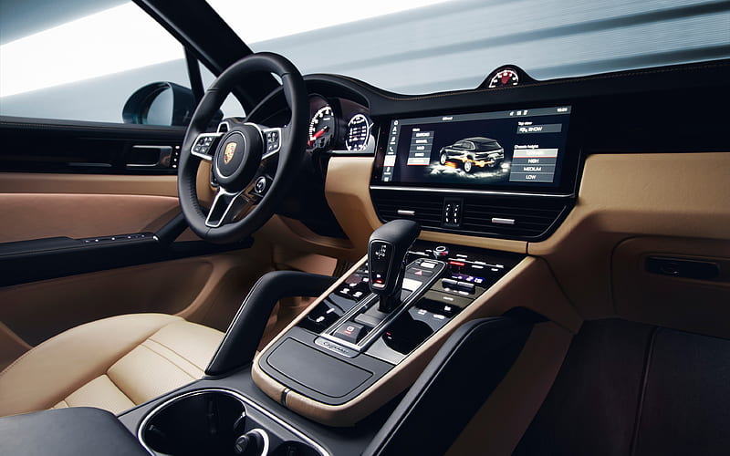 Porsche Cayenne, 2019, interior, front panel luxurious leather interior, new Cayenne, Porsche, HD wallpaper