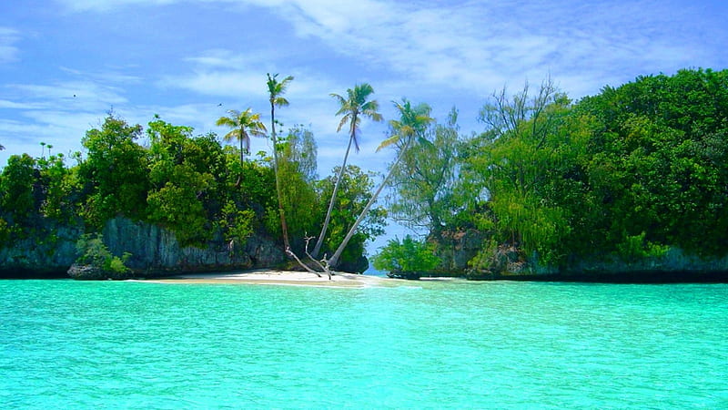 Little Beach, Palau Island, white sand, rock, turquoise sea, bonito, trees, palm trees, beach, water, paradise, summer, nature, island, tropical, HD wallpaper