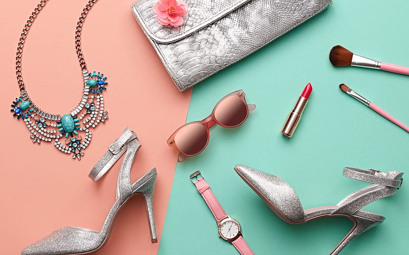 Accesories, purse, woman, brush, lipstick, sunglasses, watch, jewel, shoe, stuff, pink, blue, HD wallpaper
