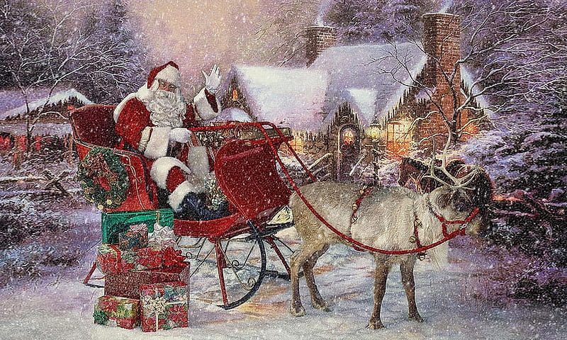 Merry Christmas Everyone, sleigh, Reindeer, holidays, Gifts, Snowing, cheer, Santa Claus, Winter, HD wallpaper