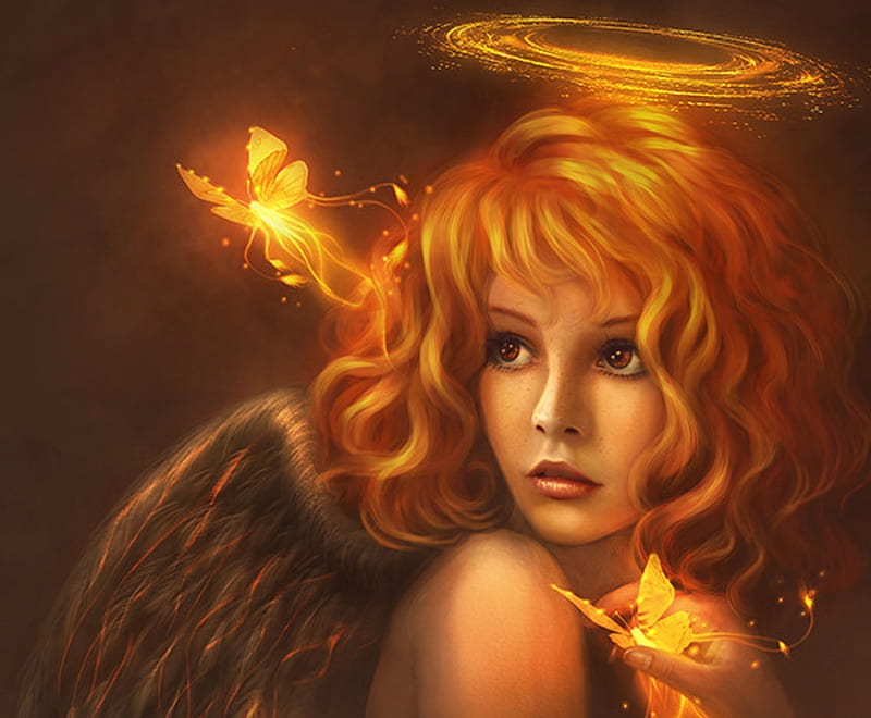 free download | Fireangel, butterfly, orange, girl, angel, golden, face ...