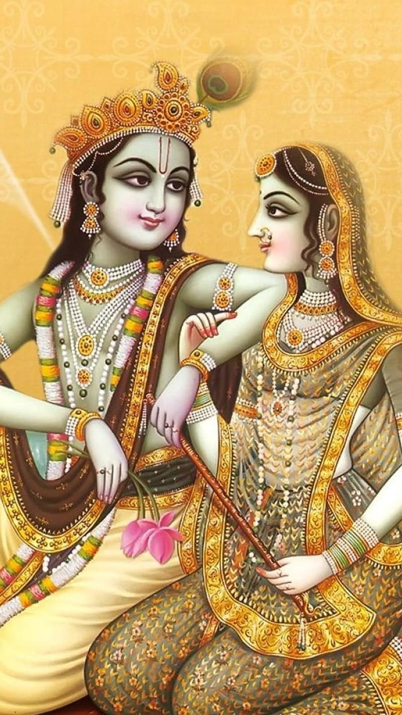 Radhe Krishna sitting And Looking Each Other, radhe krishna, sittting, drawing, aret, lord, HD phone wallpaper
