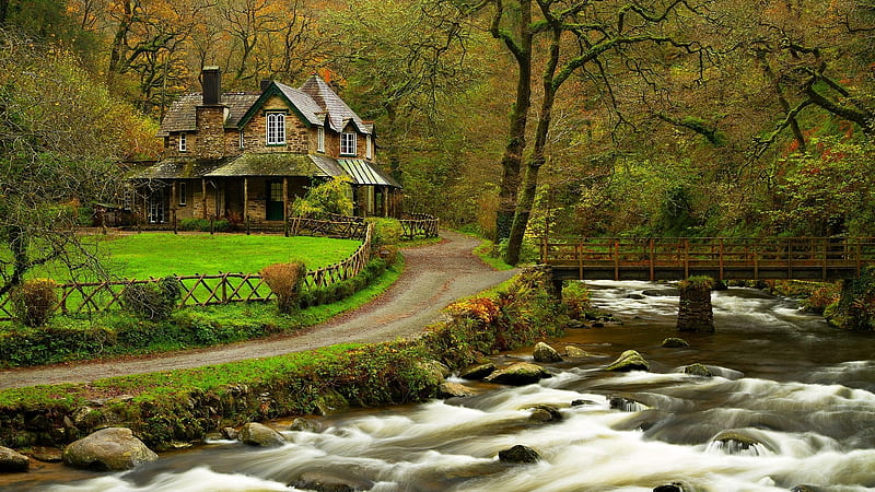 House in the Wood, house, river, nature, trees, wood, HD wallpaper
