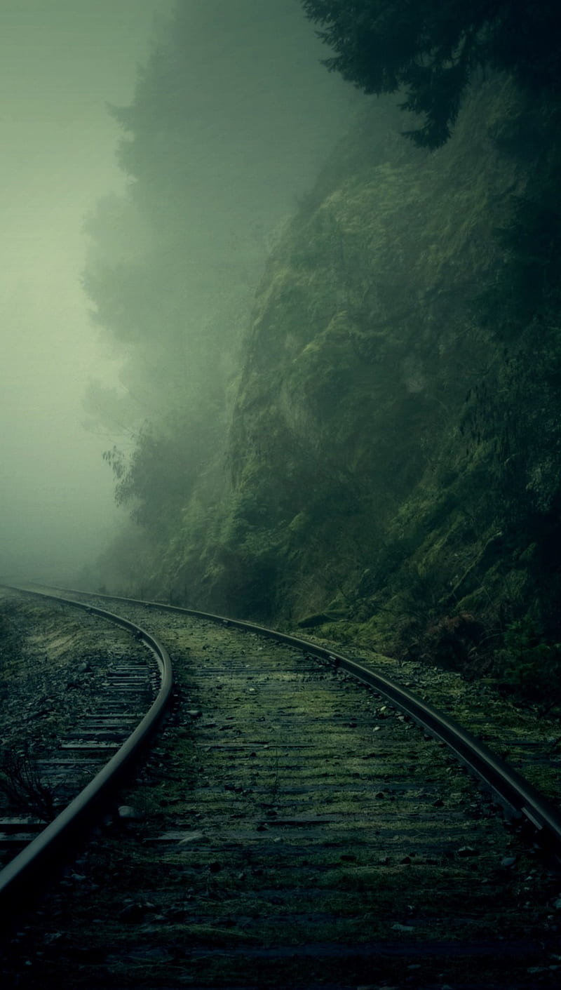 Foggy Rails, cool, dark, fog, green, train rail, HD phone wallpaper