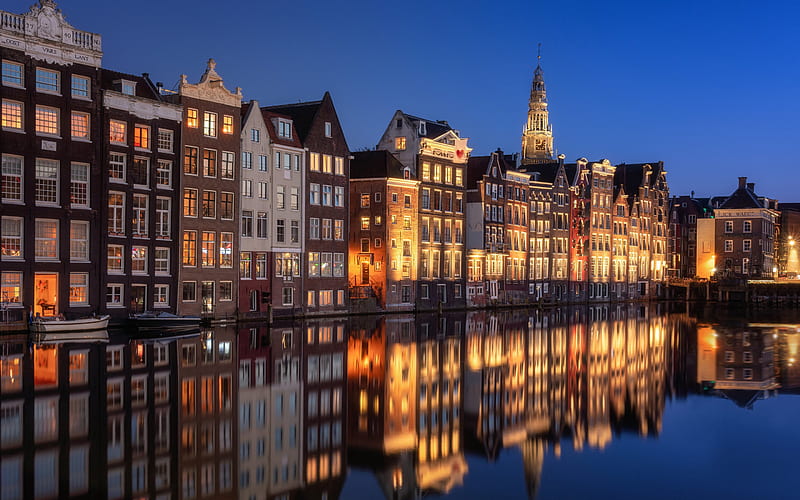 De Wallen, Amsterdam, evening, canal, Amsterdam cityscape, beautiful buildings, skyline, Netherlands, HD wallpaper