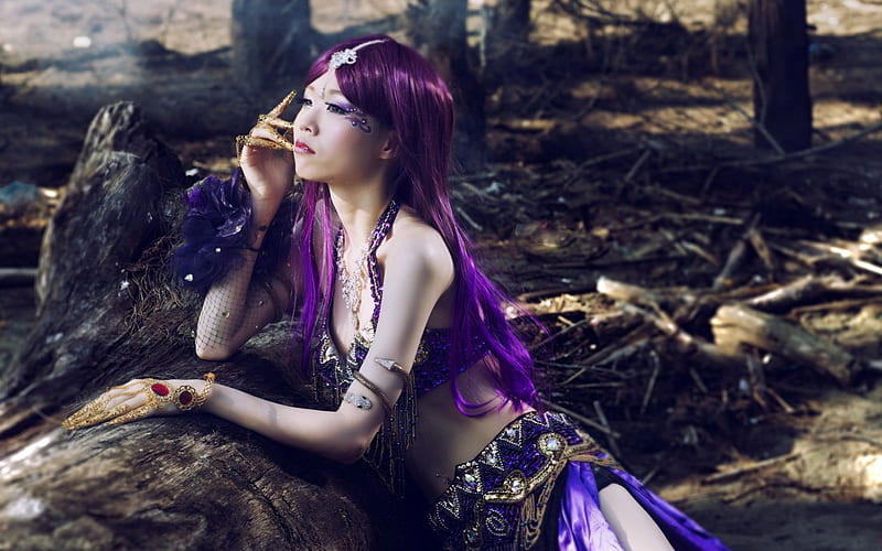 Pensive dancer, purple, girl, model, asian, pensive, woman, dancer, HD wallpaper