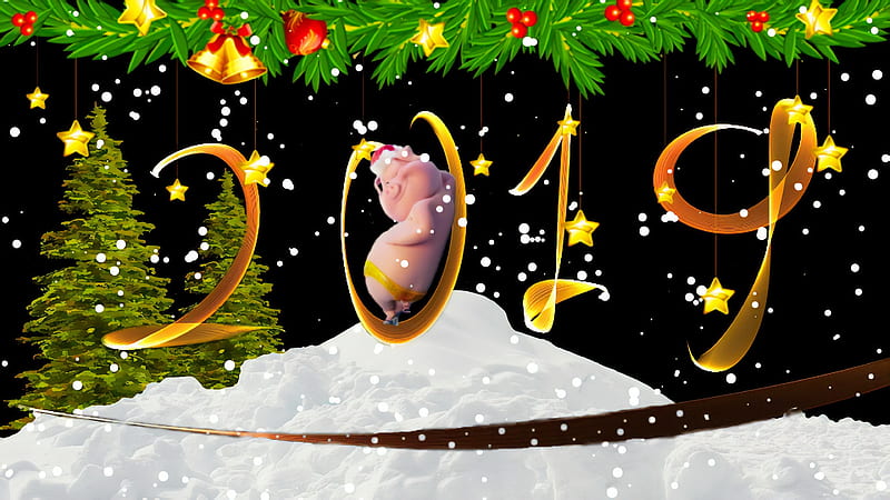 Happy New Year!, winter, pig, holiday, christmas, snow, decoration, new year, HD wallpaper