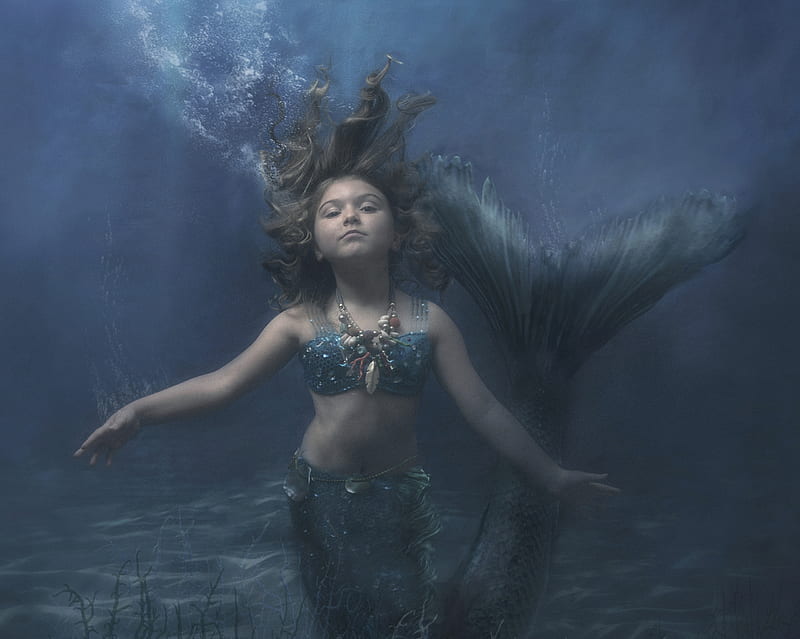 Mermaid, siren, child, creative, underwater, louise sumner, water, fantasy, vara, girl, copil, summer, HD wallpaper