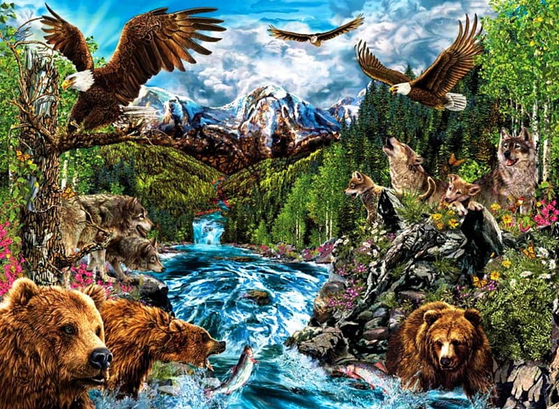 Predators, eagles, bears, wolves, artwork, HD wallpaper