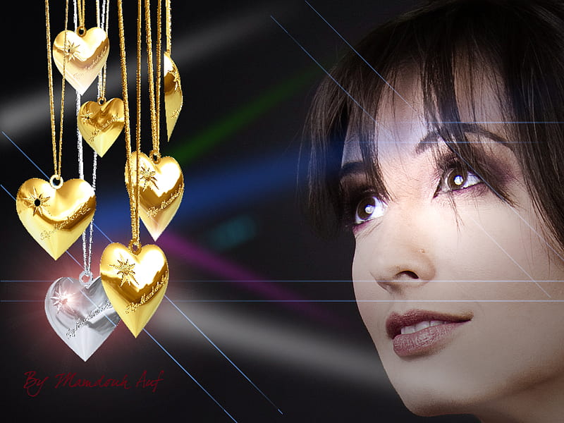 REFLECTION OF GOLDEN HEARTS IN MIND, look, woman, silver, lights, metal, gold, 3d, fashion, eyes, HD wallpaper