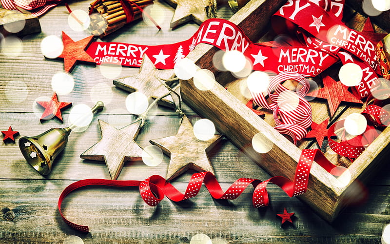 Christmas, red silk ribbons, New Year, wooden toys, bells, xmas, HD wallpaper