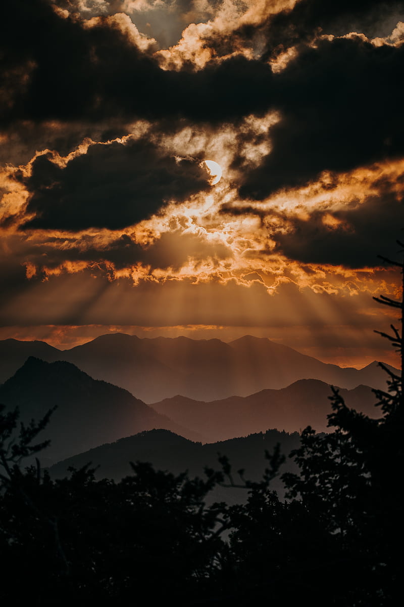 mountains, clouds, sunset, dusk, sunlight, HD phone wallpaper