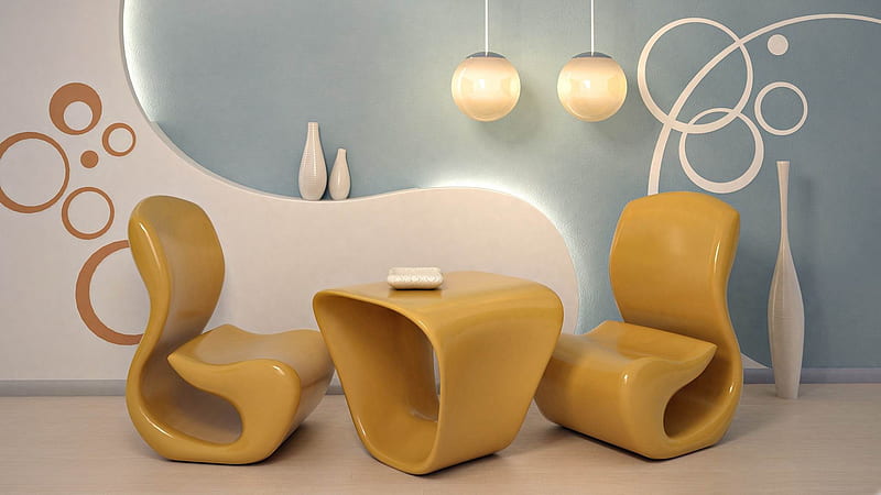 two chairs and a table-3D creative design theme, HD wallpaper