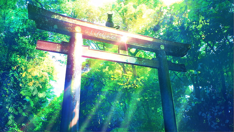 anime landscape, torii, shrine, forest, sunlight, cat, scenic, Anime, HD wallpaper