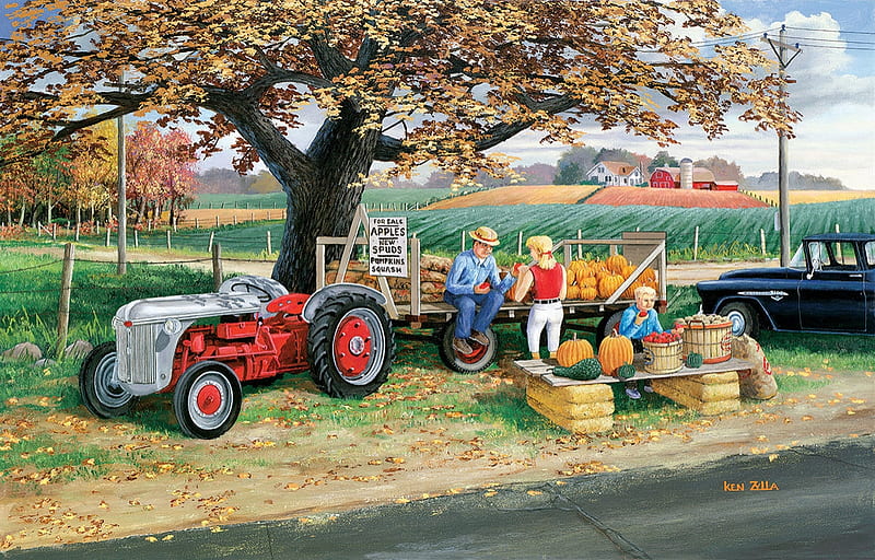 Harvest Time, house, tractor, artwork, barn, tree, car, people, painting, fields, pumpkins, HD wallpaper
