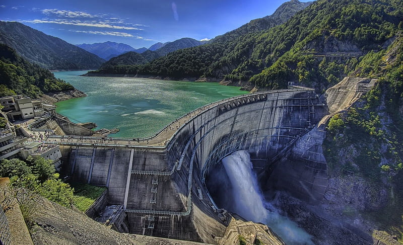 Kurobe Dam, mountain, architecture, water, flow, reservoir, river, dam, HD wallpaper