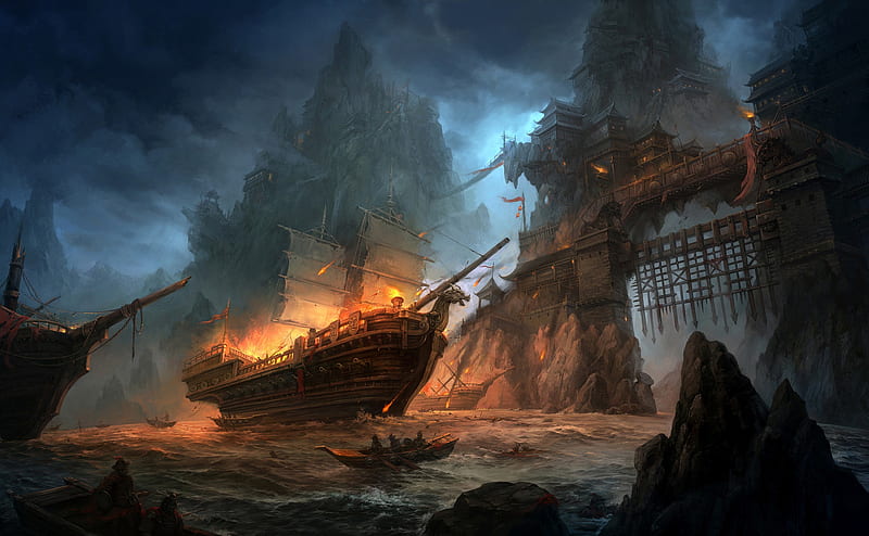 Fantasy, Ship, Battle, HD wallpaper
