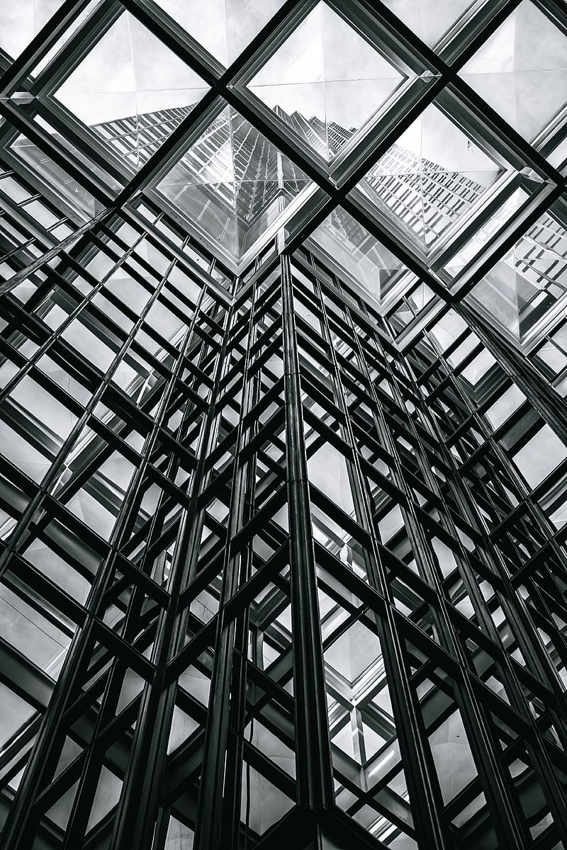 building, glass, transparent, bottom view, black and white, HD phone wallpaper