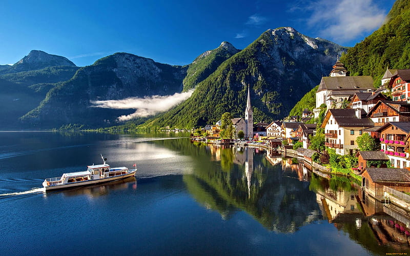 Hallstatt, Austria, village, Austria, lake, mountains, boat, HD wallpaper
