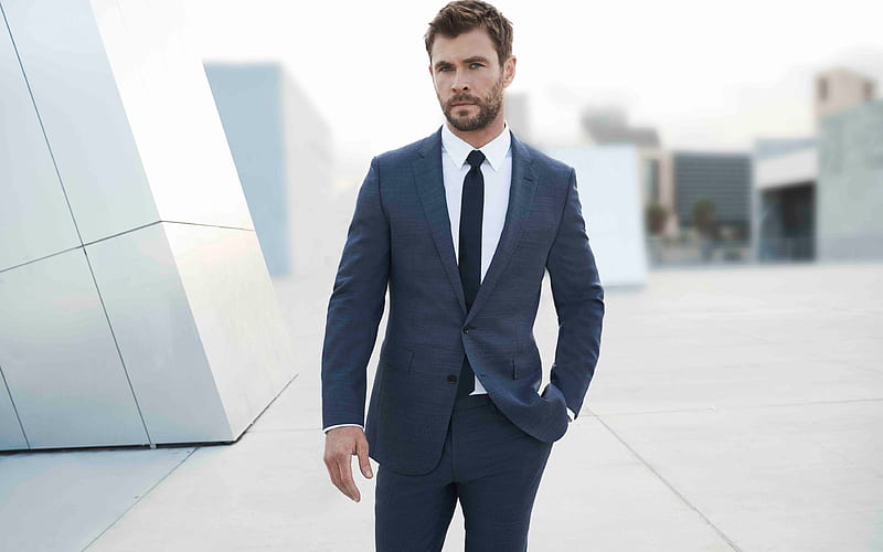 Chris Hemsworth, australian actor, portrait, hoot, gray male suit, HD wallpaper