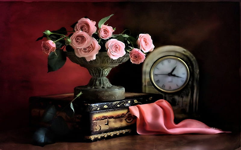 time for pink roses, still life, flowers, vintage, pink roses, HD wallpaper