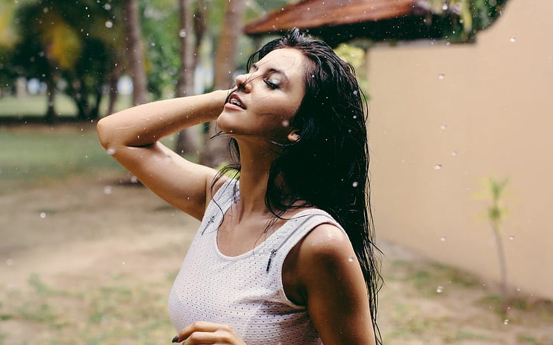 brunette, beautiful girl, rain, HD wallpaper