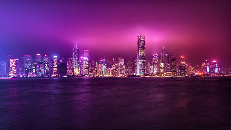hong kong, skyline, skyscrapers, purple sky, City, HD wallpaper
